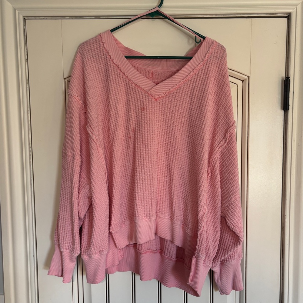 American eagle waffle knit oversized bright pink v-neck sweatshirt